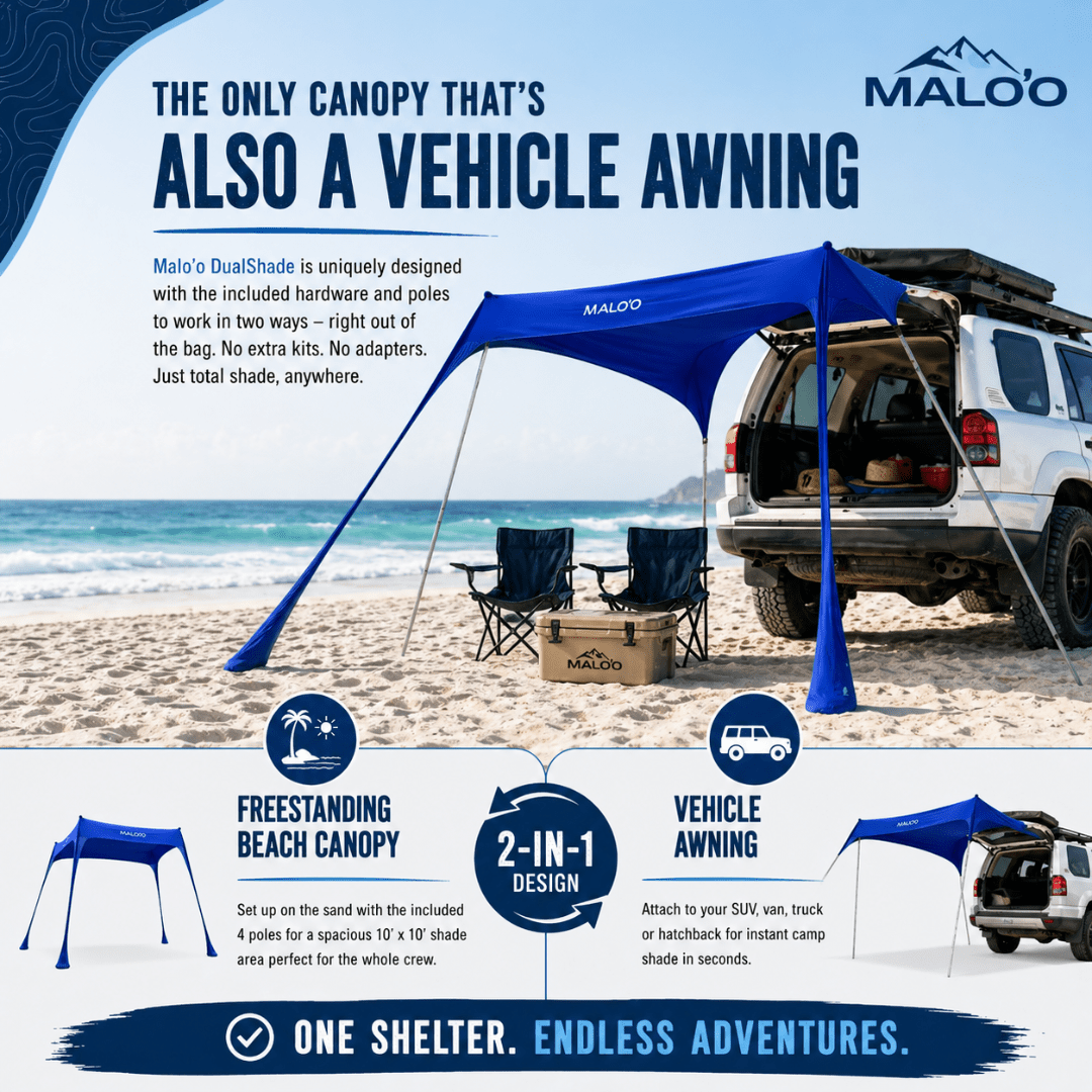 DualShade™ 10x10 - Instant beach shade. Vehicle - ready awning - Lounge Wagon