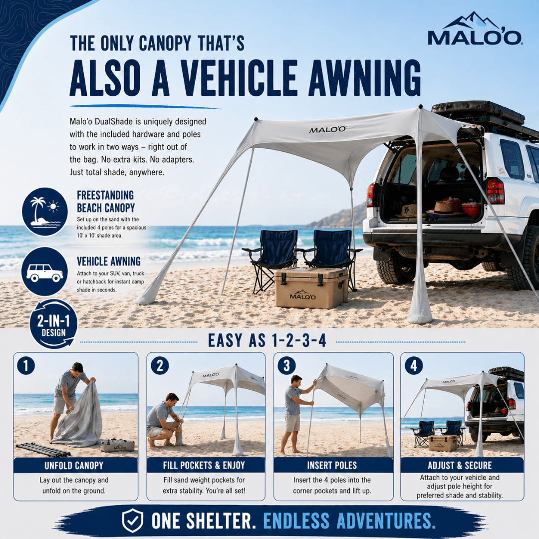 DualShade™ 10x10 - Instant beach shade. Vehicle - ready awning - Lounge Wagon