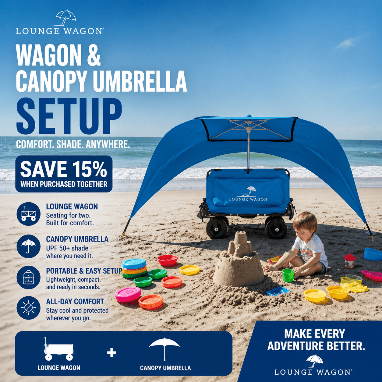 Wagon & Canopy Umbrella Setup (Blue & Grey) - Lounge Wagon